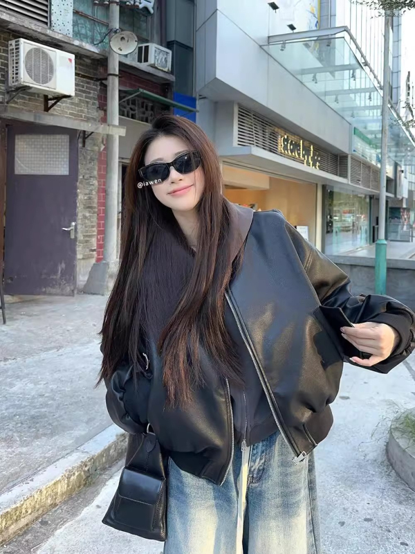 Casual suit, high-end black PU leather jacket, coat top, women's autumn and winter hooded long-sleeved sweatshirt two-piece set
