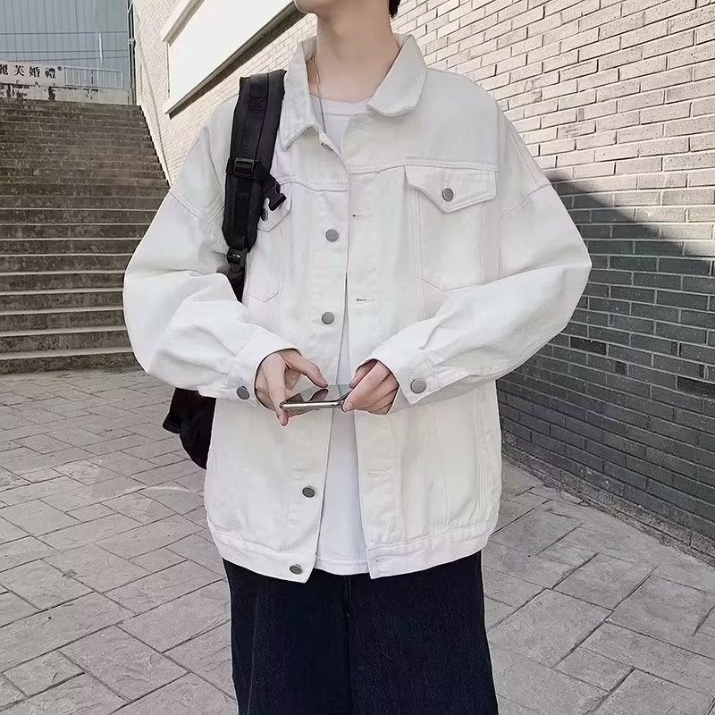 Spring and autumn white denim jacket for men Korean style trend ins versatile workwear denim jacket for men baseball