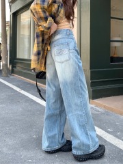 Small new style American retro washed loose straight jeans for women embroidered drape wide leg pants