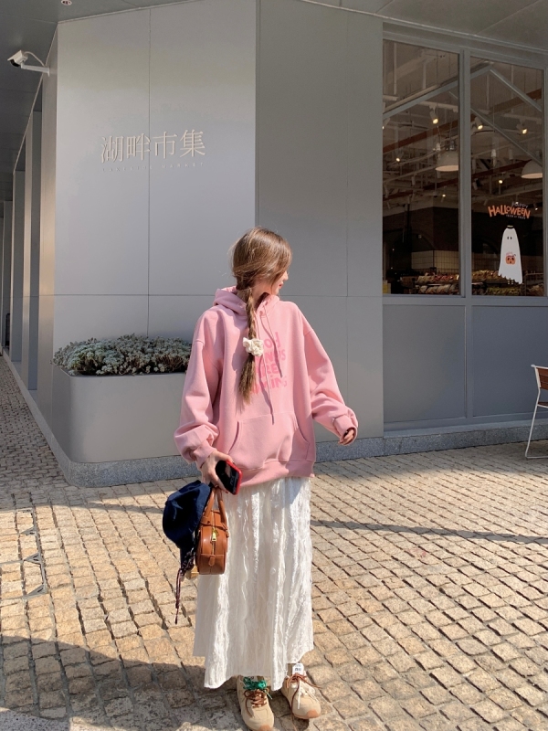 Autumn and winter velvet lazy hooded sweatshirt mid-length velvet lace splicing skirt two-piece set