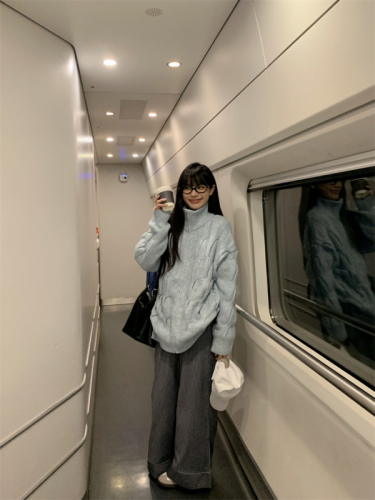 Milk blue stand collar twist sweater coat autumn and winter loose thickened knitted coat for women