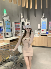 Designed halter neck bow lace patchwork dress