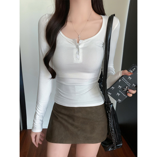 Hot Girl Half Open Collar Button Long Sleeve T-Shirt Women's Autumn Bottoming Shirt Slim Fit Inner Top