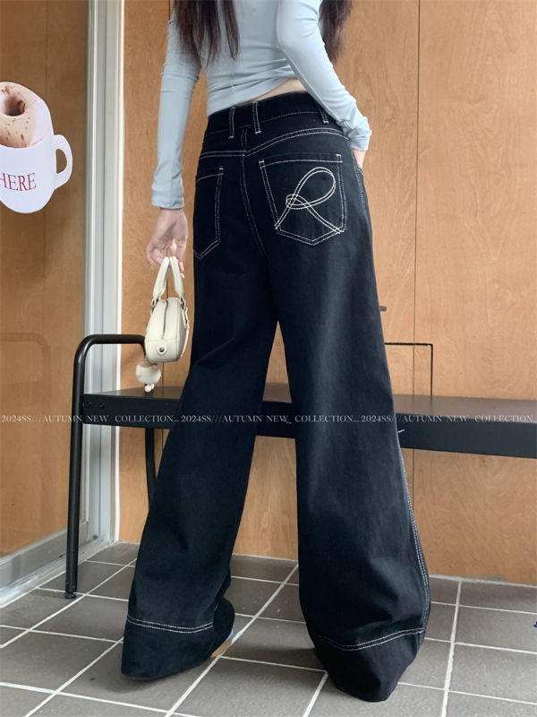 American Hot Girl Embroidered Wide Leg Jeans Women's High Waisted Loose A-Line Straight Floor-Mopping Trousers