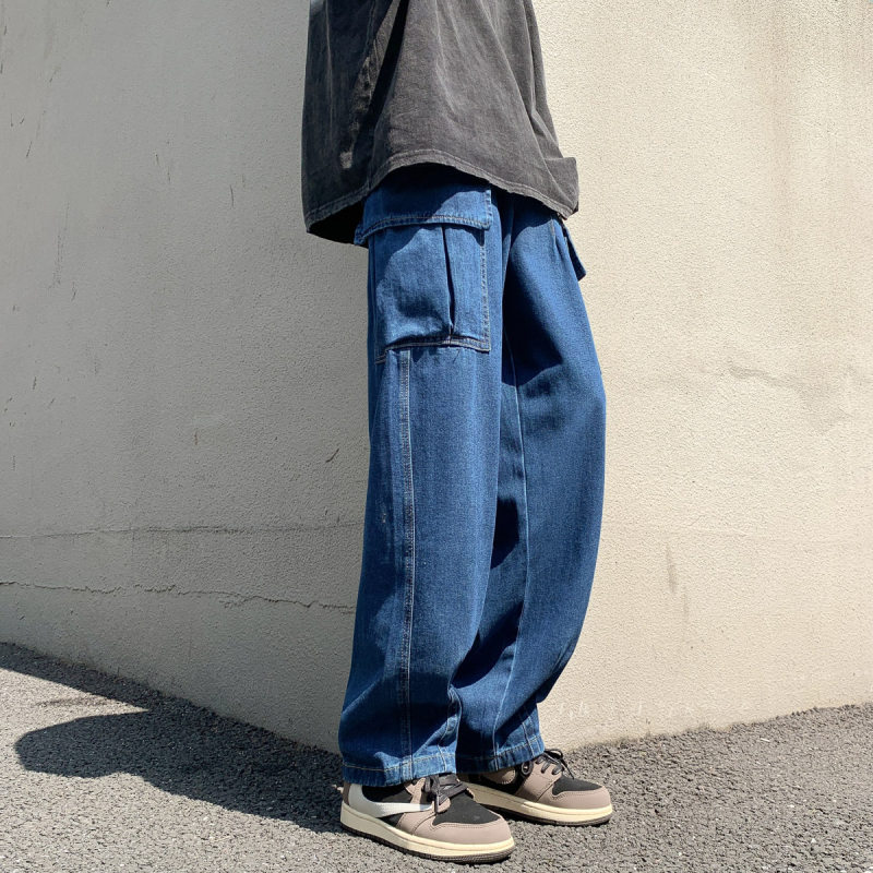 Jeans men's loose straight American style work trousers trendy hip-hop big pocket wide leg trousers