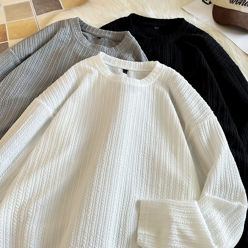 Autumn new striped texture round neck long-sleeved T-shirt bottoming shirt for men large size casual loose sweatshirt
