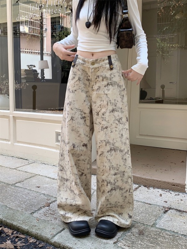 Hot Girl Tie Dye Printed Casual Pants Women's Loose Straight Leg Wide Leg Pants High Waist Retro Pants Floor-Mopping Pants