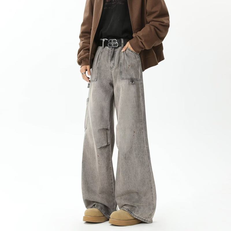 Jeans men's autumn new style washed gray straight pants American high street loose straight pants