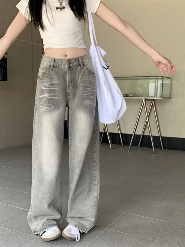 Design niche light gray jeans women's lazy style American retro vertical straight wide leg pants