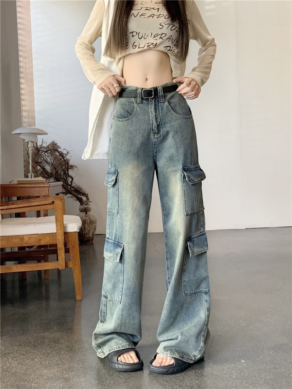 American retro overalls, jeans, women's autumn high-waisted straight wide-leg pants, loose long pants, trendy