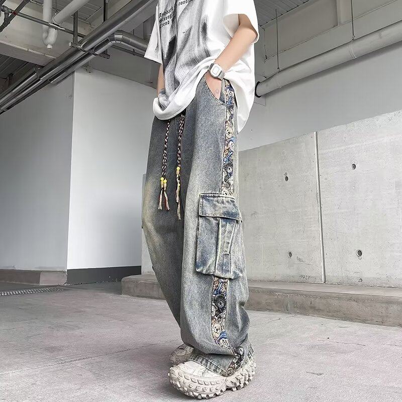 Spring and Autumn Jeans American Retro High Street Loose Trendy Workwear Men's and Women's Multi-Pocket Wide-Leg Pants