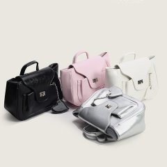 Korea's new niche women's bag, fashionable waxed leather silver chain backpack, simple handbag, casual backpack, trendy