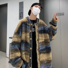 American retro rainbow contrasting lazy cardigan sweater for men and women loose casual knitted jacket