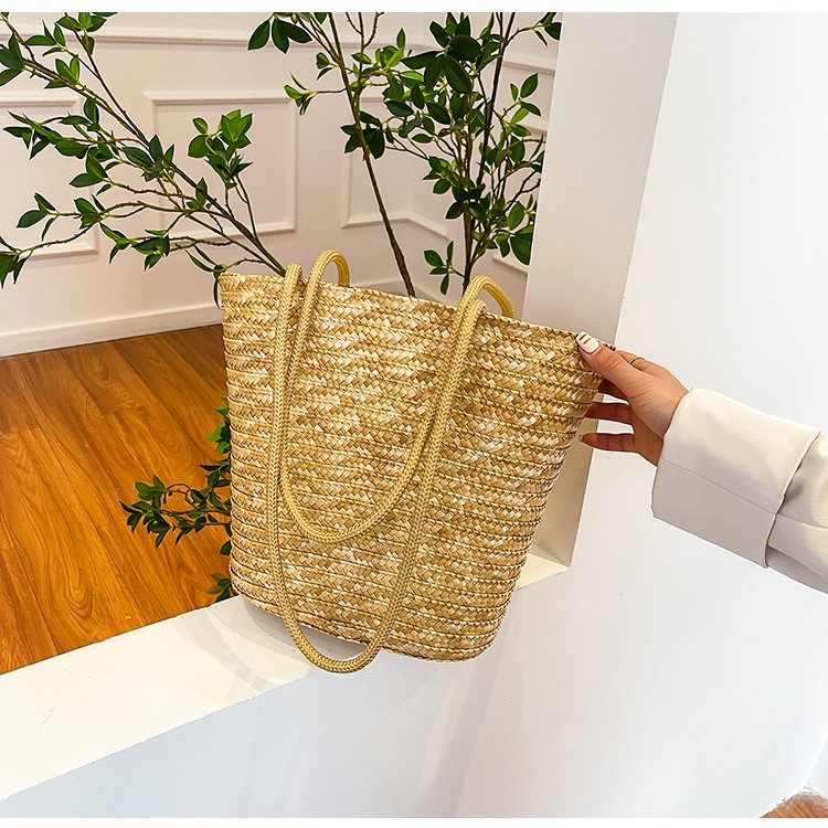 French retro large capacity large straw bag solid color vacation beach bag natural straw straw shoulder bag tote bag