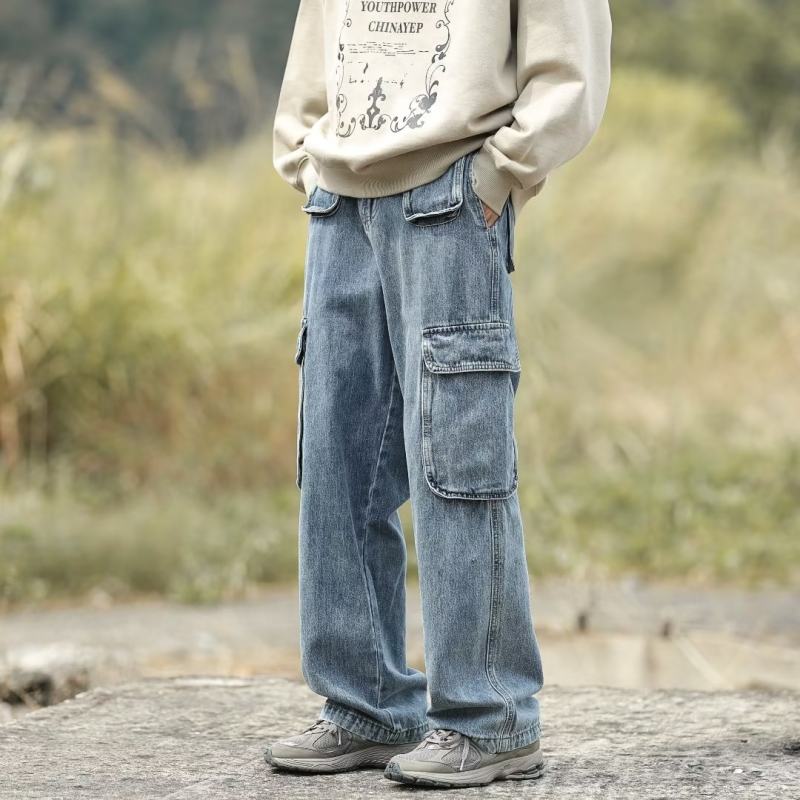 Retro washed pocket straight jeans niche design trendy loose casual pants