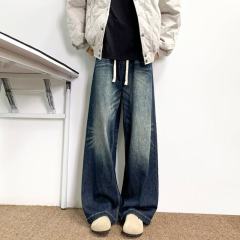 European and American street autumn American style retro washed elastic waist distressed cat whiskers design simple versatile floor mopping pants for men