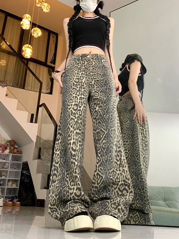 American retro new style camouflage leopard print jeans for women, handsome trousers