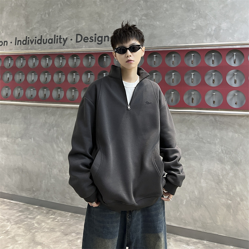 Autumn and winter loose trendy brand casual half-zip stand collar sweatshirt
