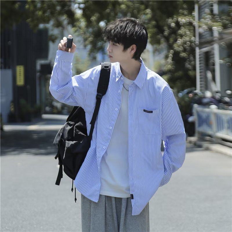 Striped long-sleeved shirt for men Korean style trendy loose casual inch shirt Japanese couple shirt jacket