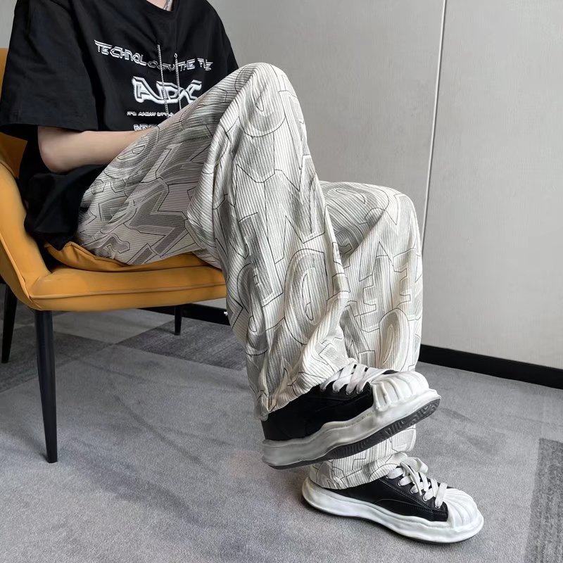 Corduroy letter-printed casual pants for men, loose wide-leg pants for couples with design sense