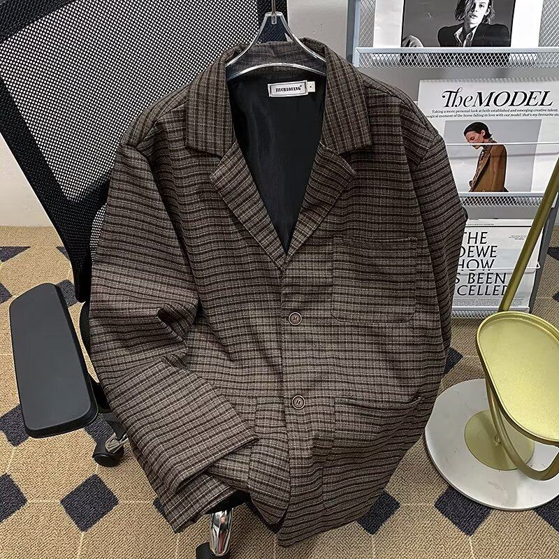 Spring and Autumn Japanese Retro Fine Plaid Suit Jacket Business Casual Light Sophistication Style Jacket for Men