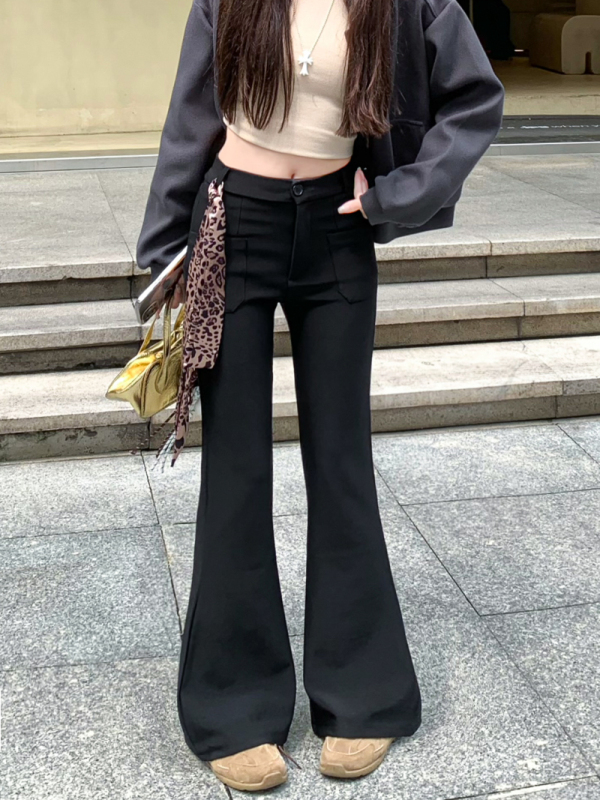 Solid Color Pocket Slightly Flared Pants Women's Drapey Loose High Waist Pants 2024 Casual Floor-Mopping Pants