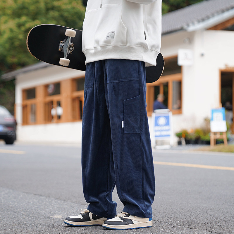 Japanese big pocket overalls autumn and winter trendy brand ins corduroy versatile loose wide-leg pants