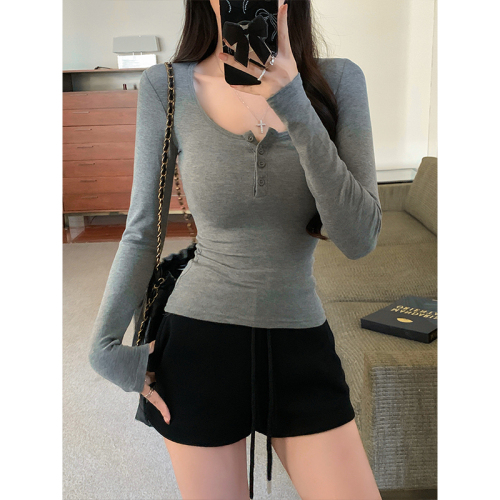 Hot Girl Half Open Collar Button Long Sleeve T-Shirt Women's Autumn Bottoming Shirt Slim Fit Inner Top