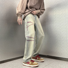 Spring washed yellow clay red line jeans men's American vibe style high street fashion brand