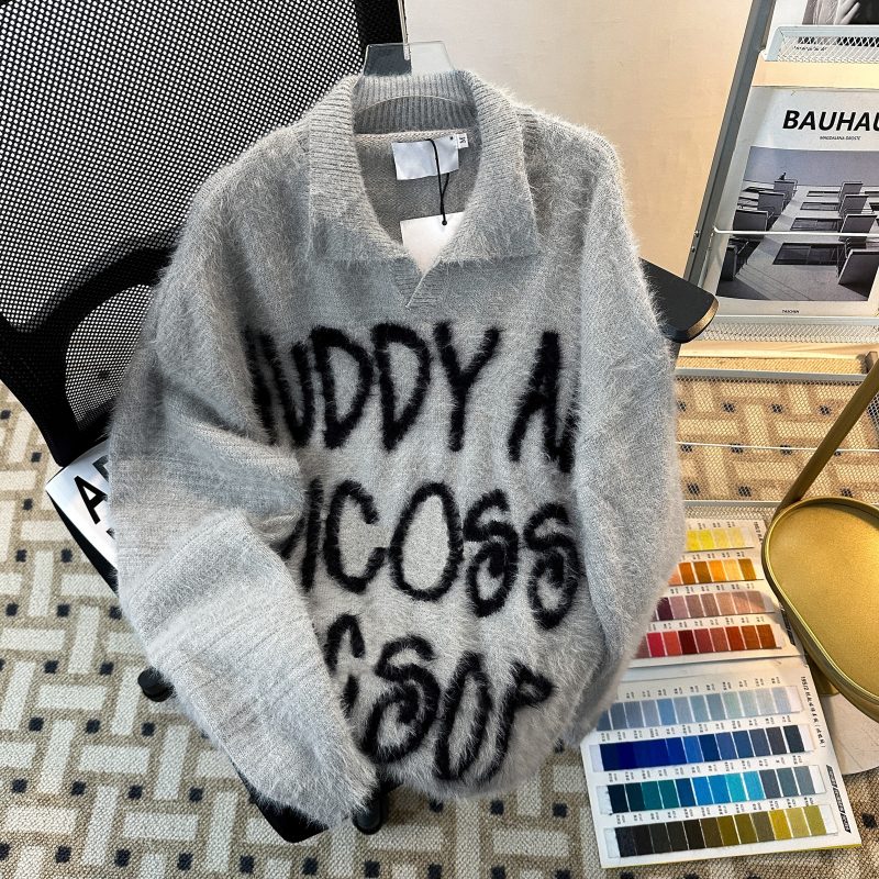 American retro black and red contrasting imitation mink hair letter sweater for men loose lazy knitted sweater top