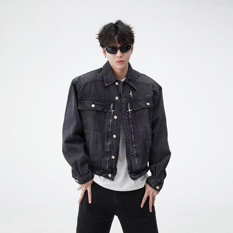 Niche metal denim jacket men's loose spring washed old retro short jacket trendy