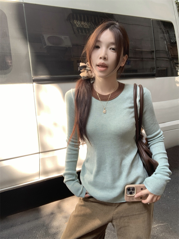Soft and slimming, versatile basic T-shirt for women, contrasting color round neck long-sleeved casual knitted bottoming shirt top