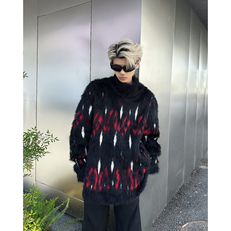 Autumn and winter imitation mink sweater men's American niche segmented design high street retro lazy sweater