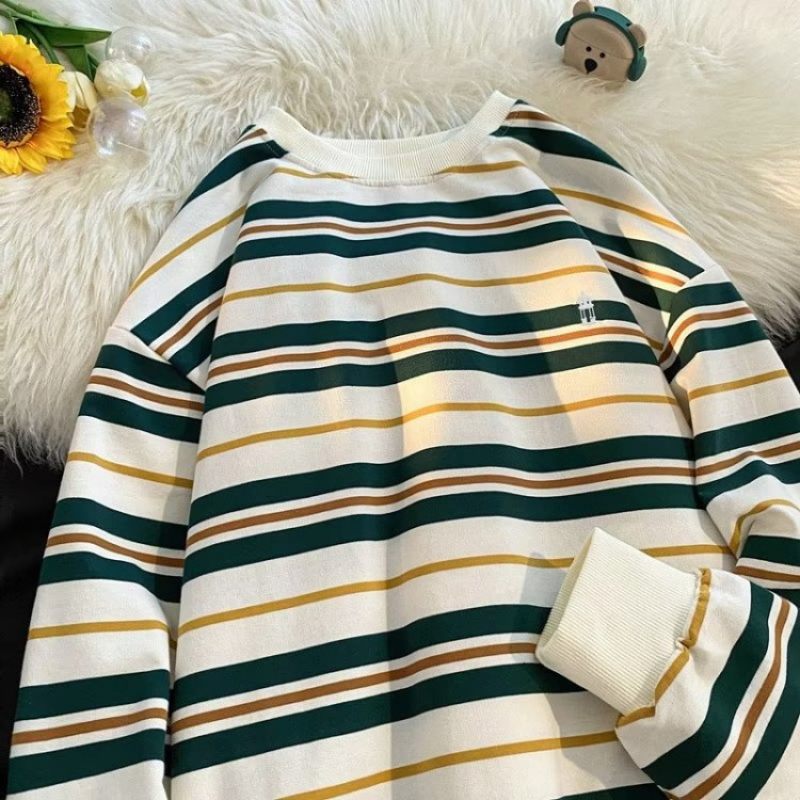 American hip-hop national fashion brand striped sweatshirt for men, loose, lazy style, couple style, retro round neck, long sleeves, long T-shirt