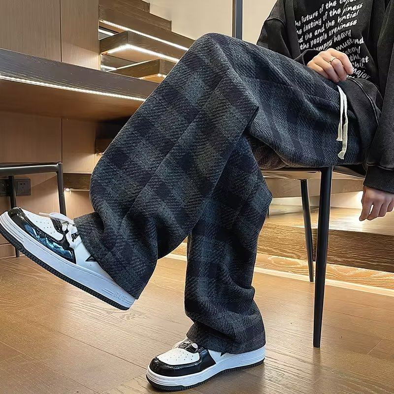 Woolen casual pants for men, Japanese loose, lazy style wide-leg pants, autumn and winter vintage plus velvet plaid pants