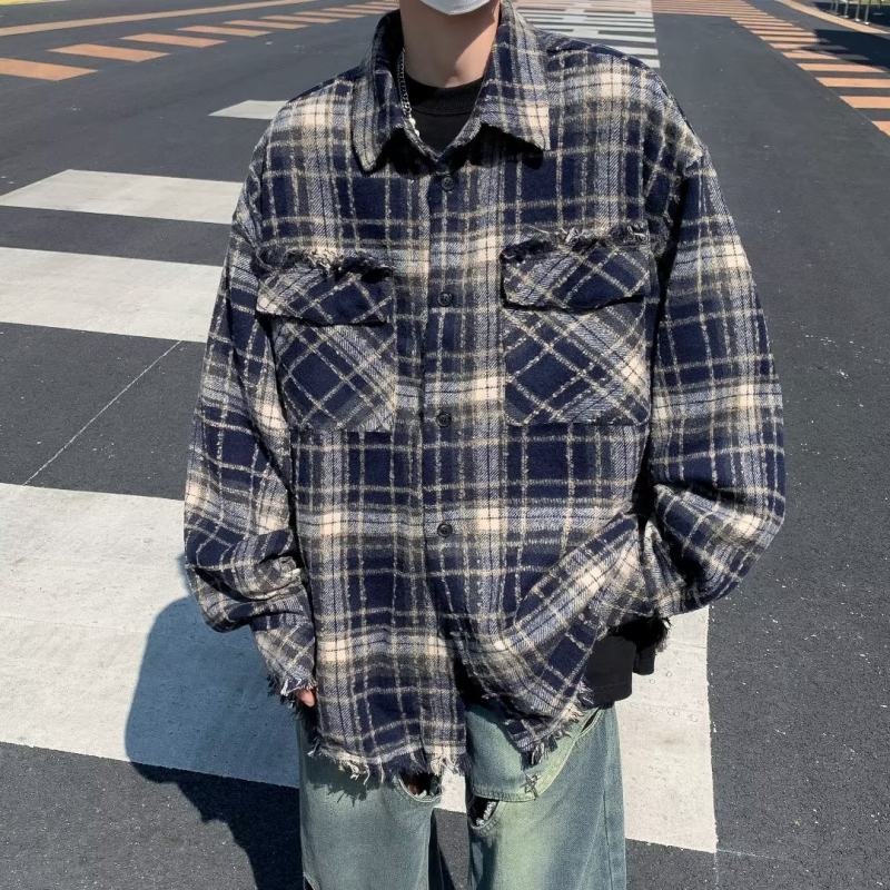 Retro American plaid long-sleeved shirt for men and women, autumn raw edge design, loose niche shirt, literary style