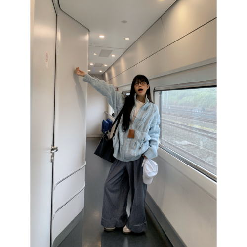 Milk blue stand collar twist sweater coat autumn and winter loose thickened knitted coat for women