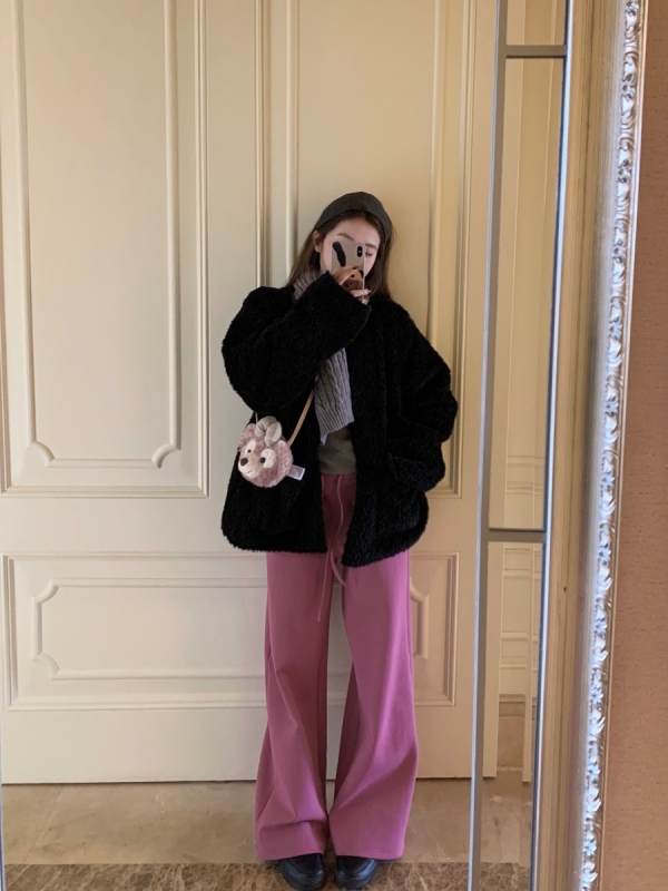 Velvet and thickened elastic waist straight-leg sweatpants soft and waxy elastic waist loose wide-leg casual trousers