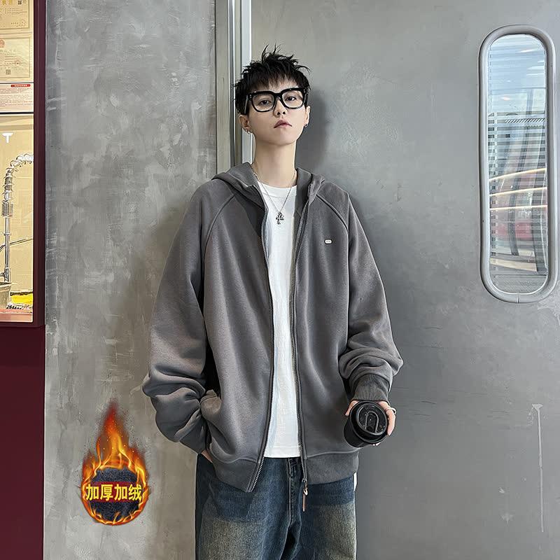 New autumn and winter loose snowflake gray hooded sweatshirt plus velvet zipper cardigan couple jacket for men and women