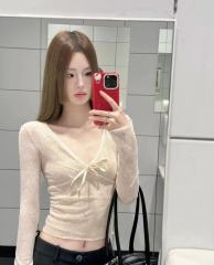 V-neck bow thin long-sleeved T-shirt women's lace splicing hot girl slim short top