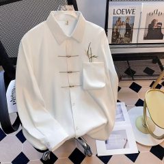 Spring New Chinese Style Three-dimensional Pocket Shirt Men's Bamboo Embroidered Metal Button Shirt