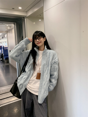 Milk blue stand collar twist sweater coat autumn and winter loose thickened knitted coat for women