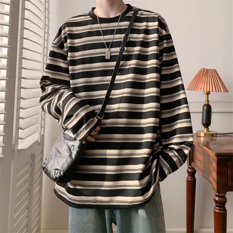 Autumn design striped round neck long-sleeved T-shirt men's trendy brand retro all-match casual loose inner pullover top