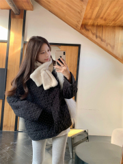 Winter Korean style diamond pattern polka dot cotton coat for women to reduce age, loose slimming, warm and thickened v-neck jacket