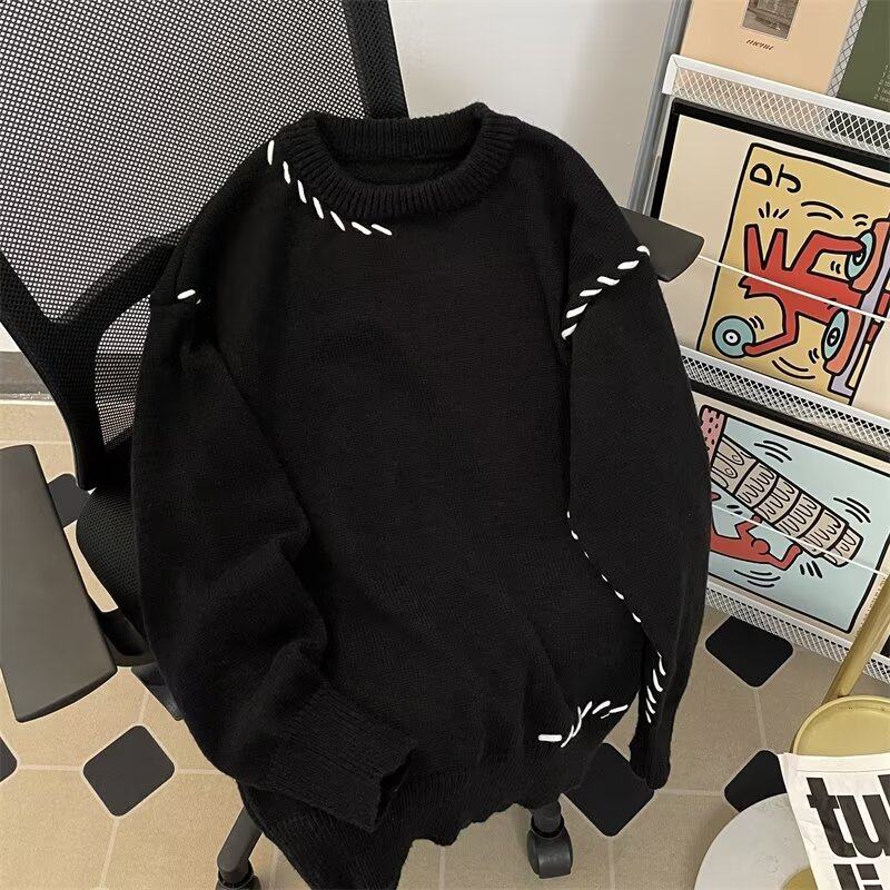 Winter new style jacquard line deer plush round neck sweater men's trendy loose knitted sweater