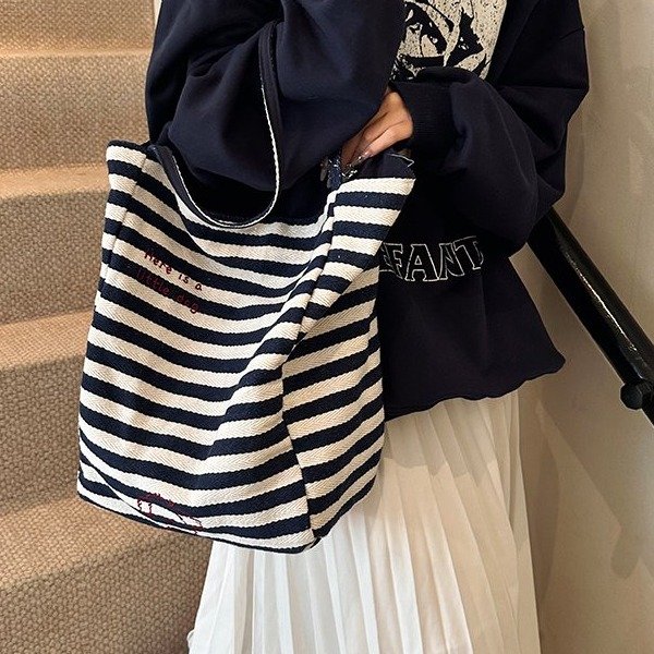 [Thickened ready stock] Striped canvas bag 2024 new Korean style ins tote casual bag shoulder tote bag