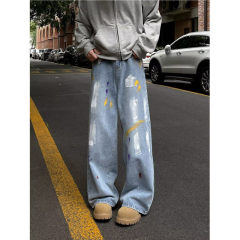 Trendy brand design paint-dot jeans for men, autumn loose straight pants, couple style casual trousers
