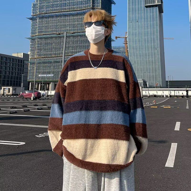 Winter contrast striped soft mink velvet thickened sweater for men and women trendy brand outer wear pullover long-sleeved sweatshirt