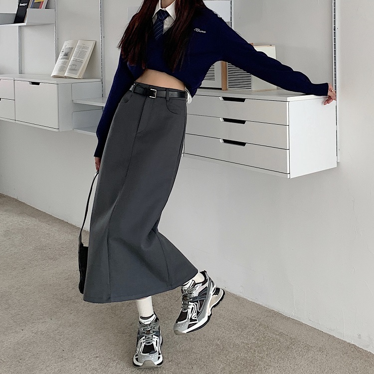 High-waisted, slimming and versatile design, slit hip-hugging skirt, long A-line skirt, gray suit skirt