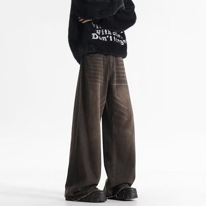 American retro high street jeans for men, handsome street pants, trendy loose niche wide leg trousers